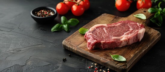 Aufkleber - A pork steak being prepared on a wooden cutting board with copy space image