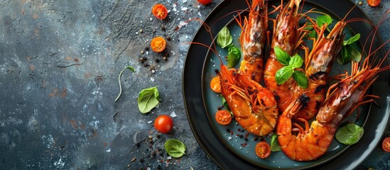 Poster - Various dishes on a plate including delicious grilled shrimp creating a tempting arrangement with ample copy space image