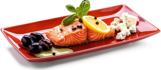 Poster - Roasted salmon fillet presented on a red plate with lemon black Greek olives and white goat cheese isolated over a white background with copy space image