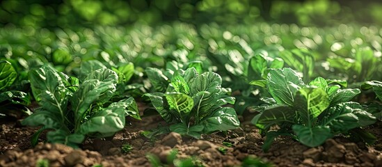 Poster - Lush spinach field with Spinacia oleracea in a vegetable bed providing a picturesque copy space image