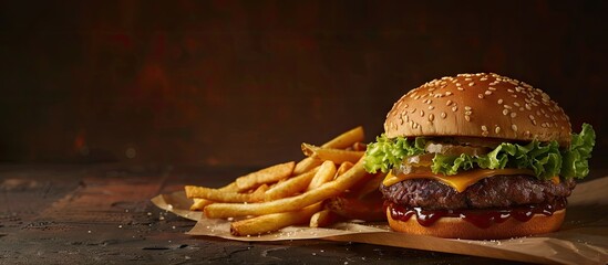 Poster - Delicious dark wheat burger with lettuce served with French fries in a fast food setting creating an appetizing copy space image