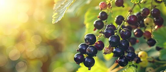 Poster - Focus on the black currant berries with a fruited bush in the background set against a blurred background creating a shallow depth of field in the copy space image
