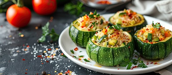 Poster - Zucchini rounds filled with veggies and rice on a white plate with copy space image