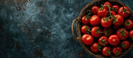 Poster - A flat lay of ripe tomatoes in a basket against a natural backdrop with copy space image