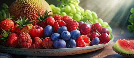 Poster - A variety of fresh summer fruits arranged on a plate with copy space image Cherries blueberries raspberries strawberries grapes melon and watermelon creating a natural delicious and nutritious dessert