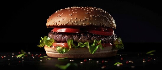 Poster - A delicious sandwich made with ground meat patty typically beef served in a sliced bun often containing lettuce tomatoes and condiments. . image with copy space