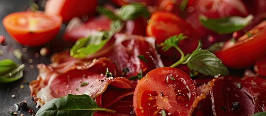 Poster - Selective focus on Italian bresaola and tomato in an appetizer with copy space image
