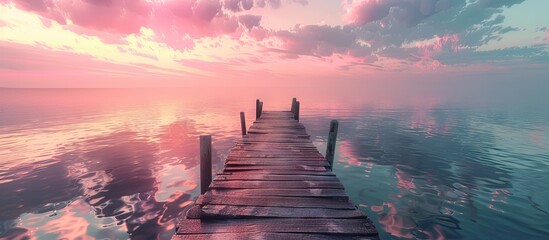 Poster - A scenic pier at sunset with a beautiful sky reflecting on the water perfect as a copy space image