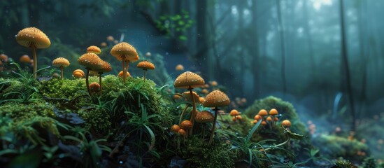 Aufkleber - Mushrooms growing in the mossy forest with a copy space image
