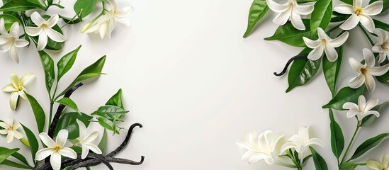 Aufkleber - Isolated on a white background a serene composition of vanilla pods green foliage and delicate flowers creates an appealing copy space image