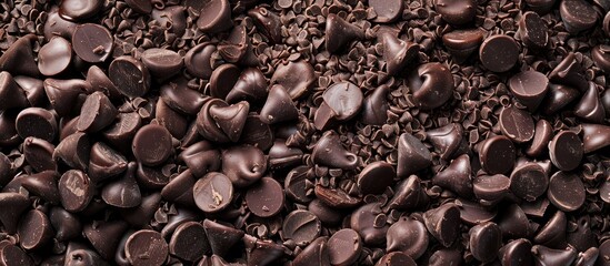 Poster - A plethora of chocolate chips crumbs and chocolate remnants ideal for culinary and dessert creations create a picturesque scene in the copy space image