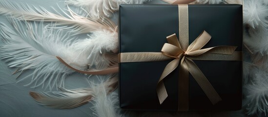 Poster - Elegant black gift box adorned with a golden ribbon set against a white feathered backdrop perfect for a copy space image