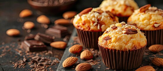 Poster - Cheese muffins crafted from flour cheese eggs sugar and salt are adorned with a delightful topping of almonds and chocolate creating a delectable treat in a copy space image