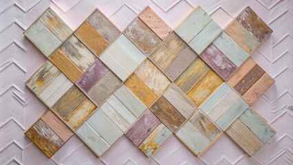 Wall Mural - A wooden wall with a pattern of different colored wood pieces