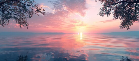 Aufkleber - A serene sunset reflecting in a lake creating a picturesque view for a copy space image