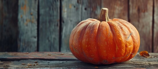 Poster - Close up of a large freshly cut orange pumpkin on a wooden backdrop This organic ingredient is perfect for vegan recipes and offers copy space image