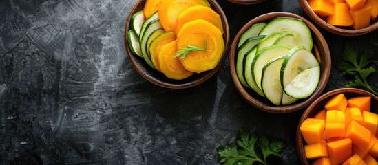 Poster - Bowls containing sliced potato pumpkin and zucchini with copy space image