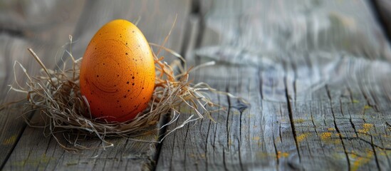 Poster - Easter egg in orange on wooden surface with copy space image