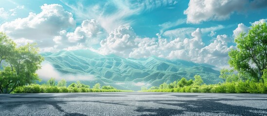 Poster - Sunny day with sky clouds framing green mountain and asphalt road creating a scenic copy space image