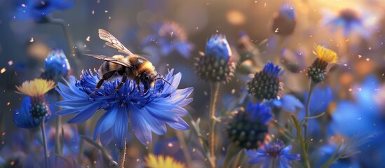 Poster - Garden scene with a bumblebee resting on a cornflower with copy space image