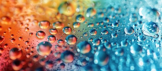 Poster - Colorful water droplets captured in a close up shot on glass with copy space image available