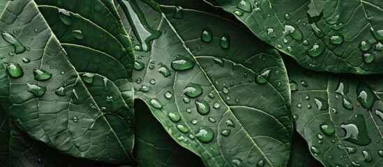 Poster - Water droplets on an avocado leaf create an evocative image with copy space