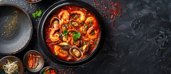 Poster - Spicy seafood jjamppong an Asian delicacy featuring cockles is displayed in a vibrant copy space image