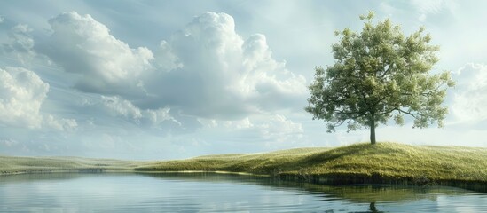 Aufkleber - A solitary tree stands tall on a grassy clearing by a tranquil pond perfect for a copy space image