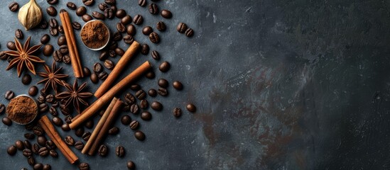 Aufkleber - Various spices like star anise cinnamon sticks and coffee beans arranged artfully on a sleek dark concrete backdrop creating a picturesque copy space image