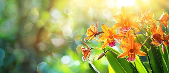 Poster - Orange bucket orchid in a photograph with a blurred background showcasing ample copy space image