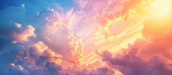 Poster - A stunning sky at dawn and dusk with vibrant hues of gold pink blue and more Clouds paint the twilight morning and evening sky creating a scenic cloudy copy space image