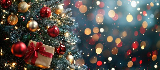 Poster - A decorated Christmas tree adorned with gift boxes glitter twinkling lights and glass balls perfect for Christmas and New Year festivities with room for a copy space image