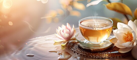 Poster - Lotus ingredient in homemade sweet tea with copy space image