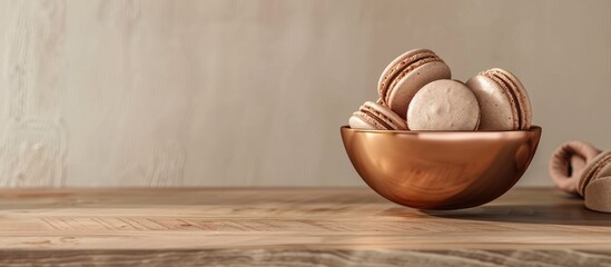 Poster - Macarons displayed in elegant copper bowls in front of a blank copy space image