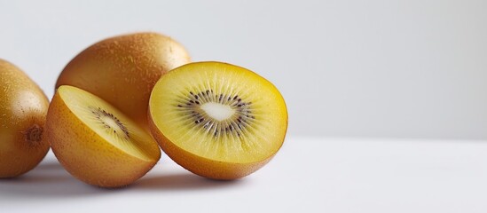 Poster - Close up image of ripe organic golden kiwis one whole and two halves on a white background with copy space image