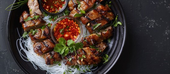 Poster - A popular Vietnamese dish called bun cha featuring grilled pork and rice noodles garnished with herbs and accompanied by a dipping sauce displayed in a copy space image