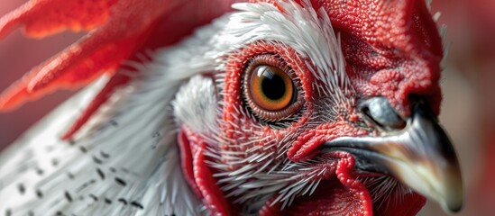 Aufkleber - Close up of a carijo chicken s face featuring white plumage grey markings and a vibrant red crest in the foreground of copy space image