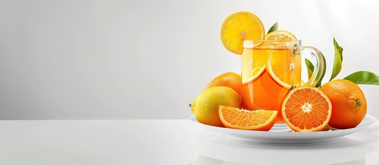 Poster - Glass mug filled with iced juice accompanied by a plate of citrus fruits both whole and sliced against a blank background in the copy space image