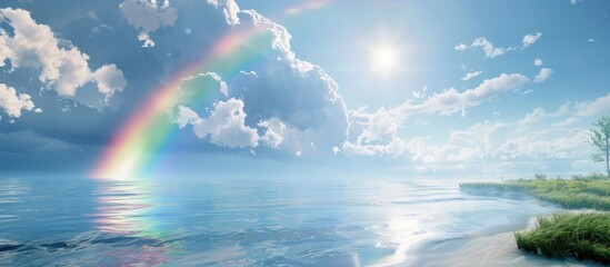 Poster - Scenic view of a rainbow over the bright sky and seaside with a copy space image