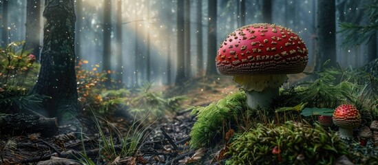 Poster - Toxic mushroom in a pine forest with copy space image
