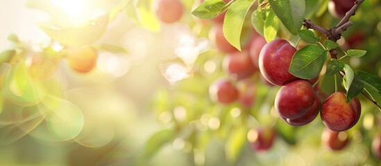Poster - A sunny morning in the garden showcases ripe plums hanging from branches with a selective focus creating a blurred background perfect for copy space image