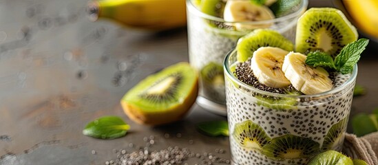 Poster - Delicious and healthy chia pudding with banana and kiwi a perfect and nutritious breakfast choice suitable for fitness enthusiasts as shown in the copy space image