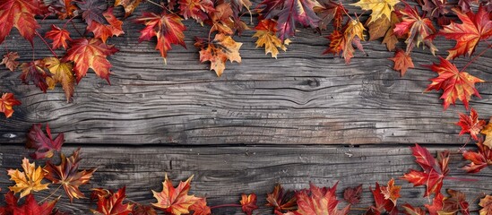 Poster - Fall themed background featuring red and yellow autumn leaves on weathered wood ideal for your seasonal message with space for an image. . image with copy space
