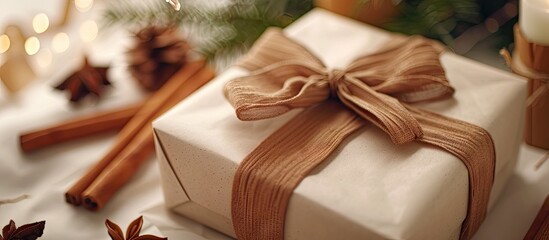 Aufkleber - Bow adorned gift with cinnamon stick decorations on a white backdrop featuring copy space image