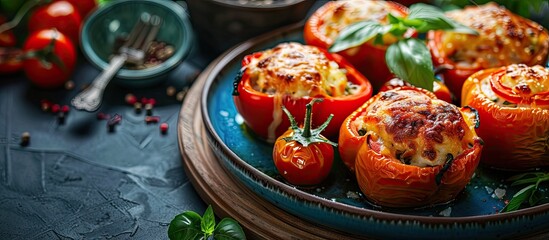 Aufkleber - Peppers stuffed with cheese and baked creating a delicious dish with copy space image