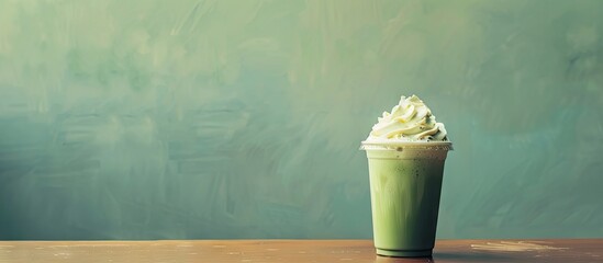 Poster - A green tea latte frappe is displayed on a table next to a blank copy space image
