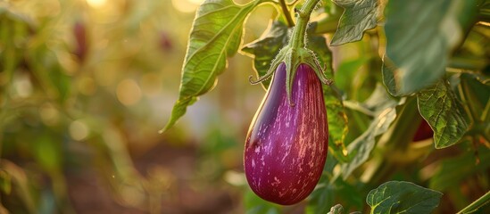 Aufkleber - Ripe and ready to be harvested a purple eggplant dangles from the garden plants offering a perfect moment for a copy space image