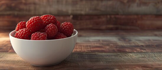 Poster - A white bowl containing a raspberry fruit placed on a wooden surface with empty space for additional images