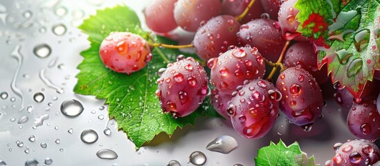 Poster - Red table grapes with grape leaves featuring water drops on a white background ideal for copy space image