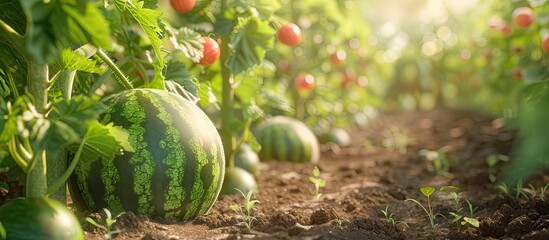 Poster - Watermelon growing on the vine in a garden with copy space image
